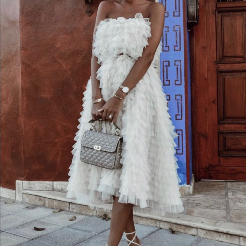ISO WHITE RUFFLED TEA LENGTH DRESS